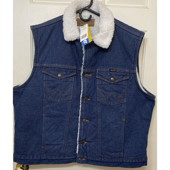 New WRANGLER Cowboy Utility Blue Sherpa Lined Denim Western Vest Men's Size XL - Picture 1 of 15